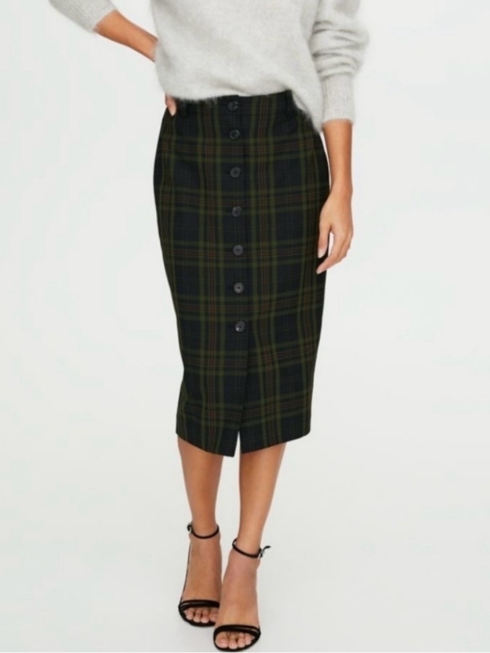 Wilfred Leona Pencil Skirt Button-Front Plaid Midi Skirt in Dark Green